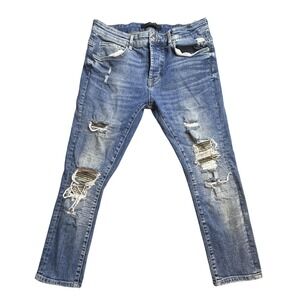 Zara Jeans Mens 34 (32x24) Medium Wash Blue Distressed Slim Ankle Button Fly